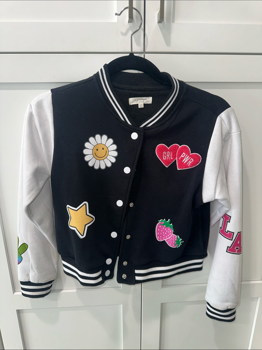 Girls L Black and White Patchwork Varsity Jacket with Fun Patches jacket